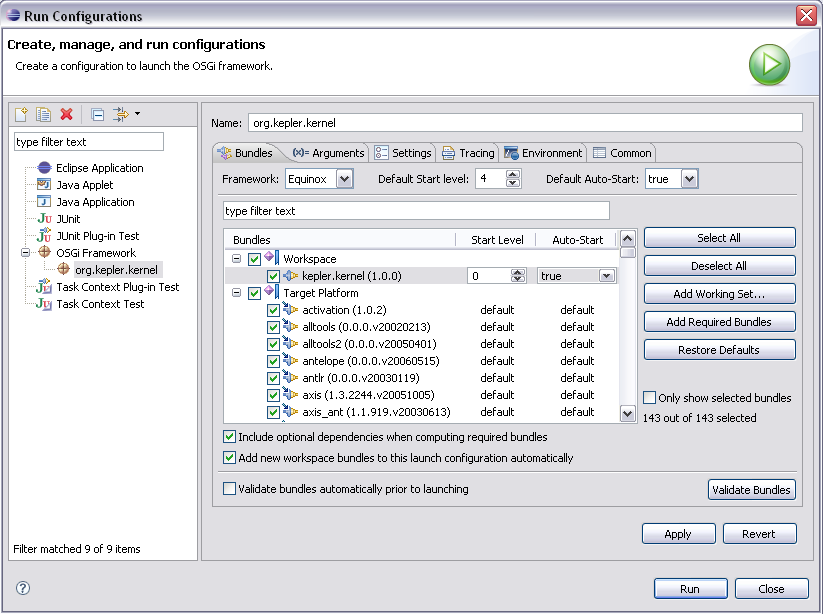 OSGi Run Configuration bundles tab